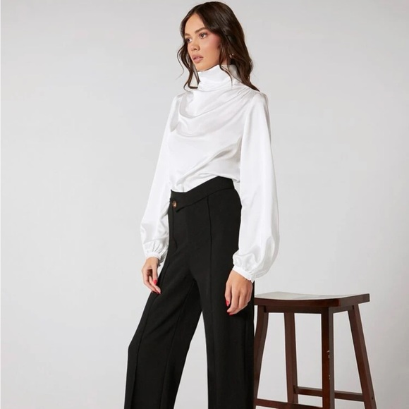 White Stand Mock Neck Satin Blouse Top Sz S, M, L, & XL New - Picture 5 of 6